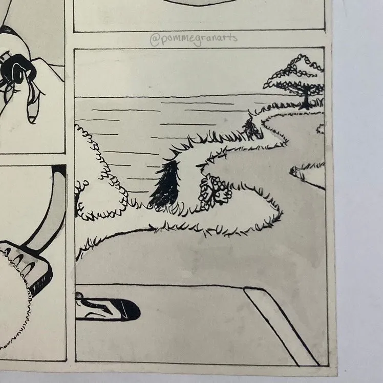 A panel of the graphic novel Aggie, showing Aggie on a car going down a winding road.